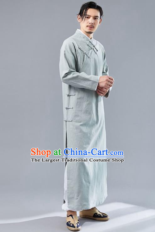 Republic of China National Light Green Flax Robe Traditional Tang Suit Costume Comic Dialogue Long Gown for Men