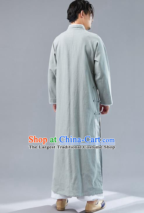 Republic of China National Light Green Flax Robe Traditional Tang Suit Costume Comic Dialogue Long Gown for Men