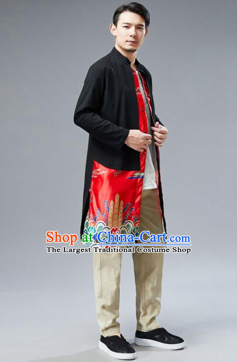 Chinese National Red Satin Coat Traditional Tang Suit Outer Garment Overcoat Costume for Men