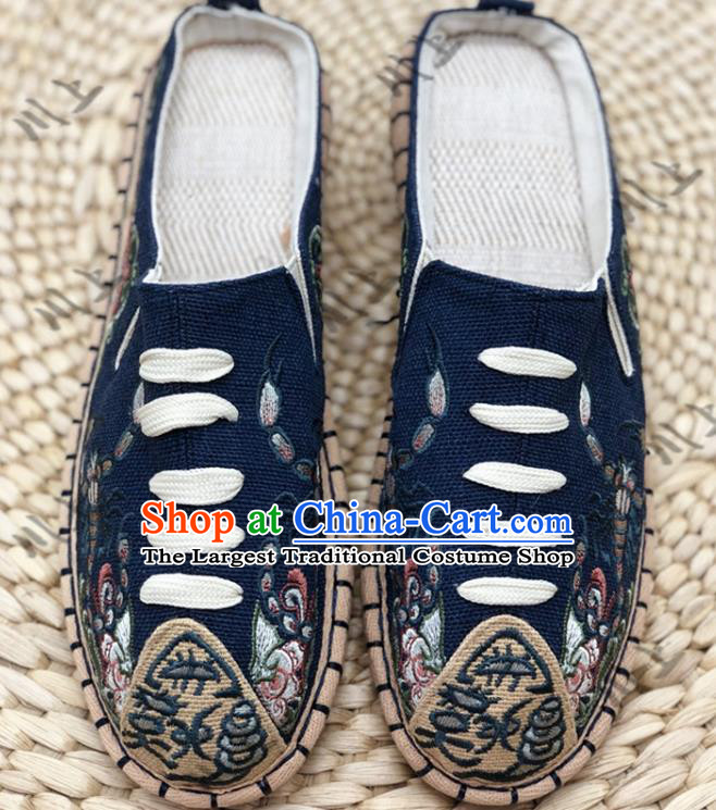 Chinese Traditional National Navy Flax Shoes Martial Arts Shoes Men Shoes Handmade Shoes Embroidered Slippers