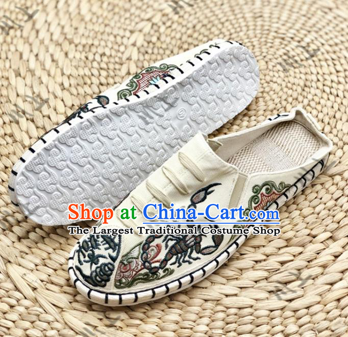 Chinese Traditional National Beige Flax Shoes Martial Arts Shoes Men Shoes Handmade Shoes Embroidered Slippers