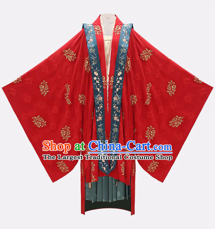 Traditional Chinese Song Dynasty Noble Lady Wedding Costumes Ancient Court Bride Embroidered Red Hanfu Dress Complete Set