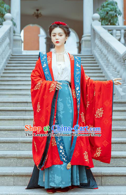 Traditional Chinese Song Dynasty Noble Lady Wedding Costumes Ancient Court Bride Embroidered Red Hanfu Dress Complete Set