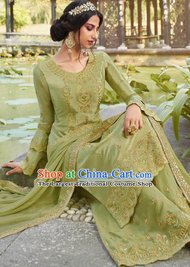Asian India National Punjab Costumes Asia Indian Traditional Embroidered Olive Green Dress Sari and Loose Pants for Women