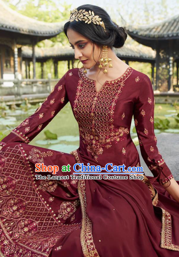 Asian India National Punjab Costumes Asia Indian Traditional Embroidered Wine Red Dress Sari and Loose Pants for Women