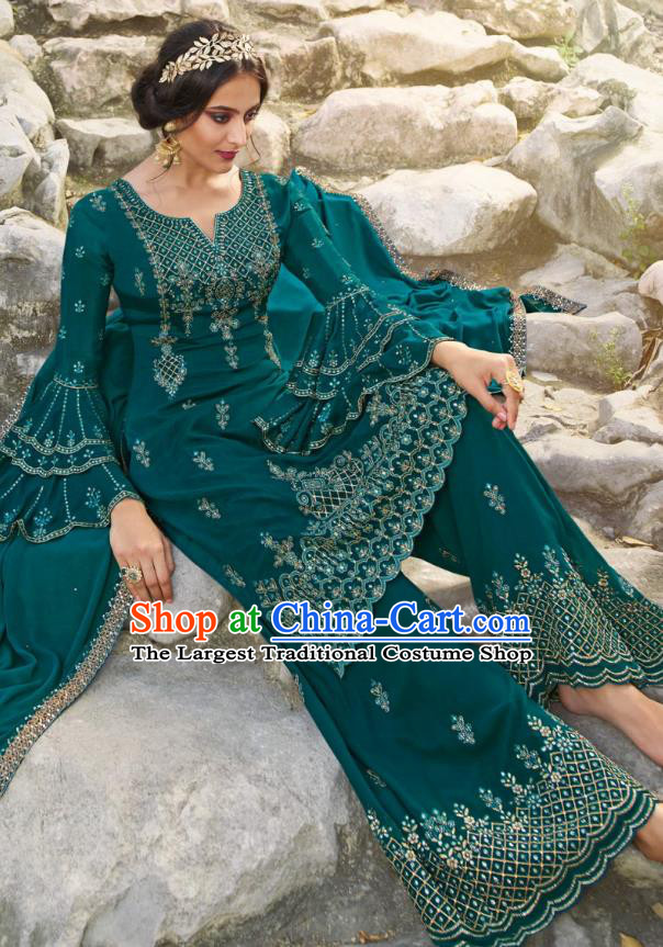 Asian India National Punjab Costumes Asia Indian Traditional Embroidered Deep Green Dress Sari and Loose Pants for Women