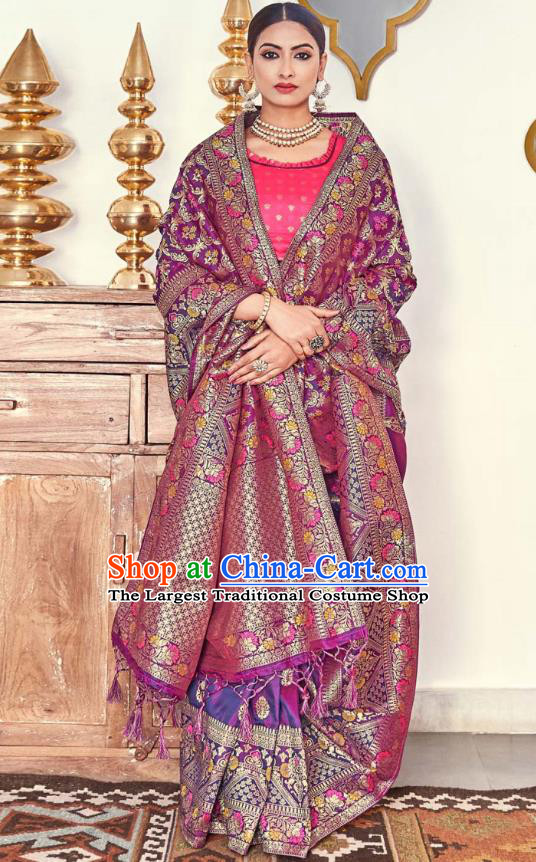 Asian India National Saree Costumes Asia Indian Bride Traditional Rosy Blouse and Purple Silk Sari Dress for Women