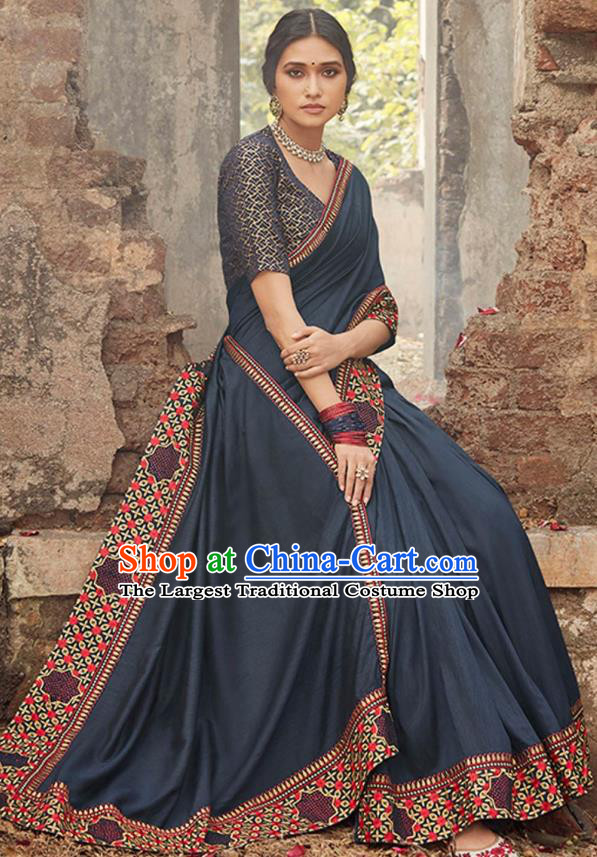 Asian India National Saree Costumes Asia Indian Bride Traditional Blouse and Embroidered Navy Silk Sari Dress for Women