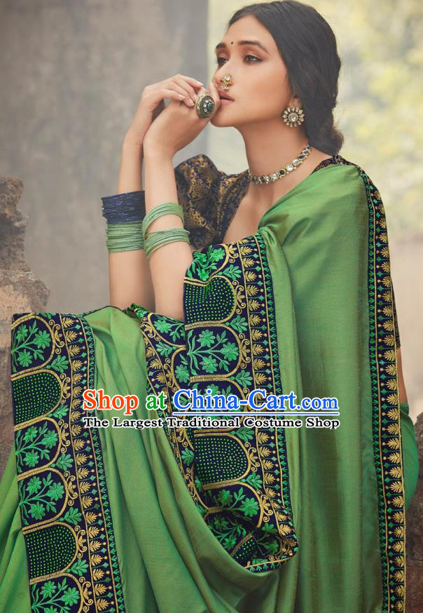 Asian India National Saree Costumes Asia Indian Bride Traditional Blouse and Embroidered Green Silk Sari Dress for Women