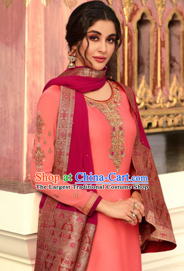 Asian India National Court Punjab Costumes Asia Indian Traditional Embroidered Peach Pink Satin Blouse Sari and Loose Pants for Women