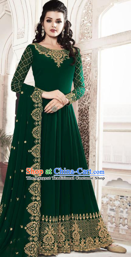 Asian India National Dance Punjab Costumes Asia Indian Traditional Embroidered Deep Green Faux Georgette Dress and Loose Pants Sari for Women