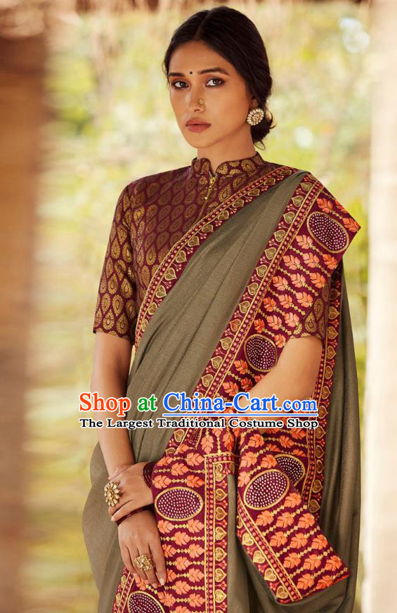 Asian India National Saree Costumes Asia Indian Bride Traditional Blouse and Embroidered Khaki Silk Sari Dress for Women