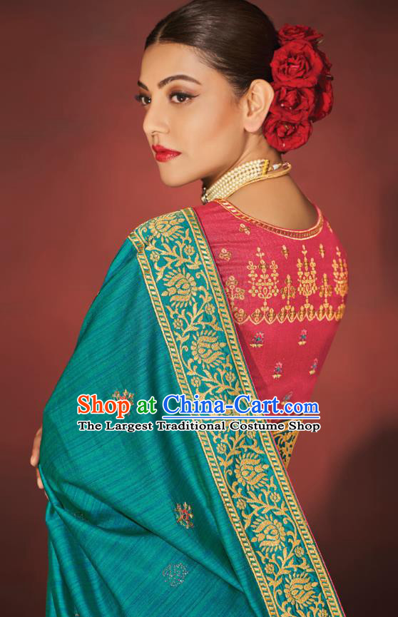 Asian India Bollywood National Dance Aqua Blue Silk Saree Asia Indian Traditional Court Princess Blouse and Sari Dress Costumes for Women