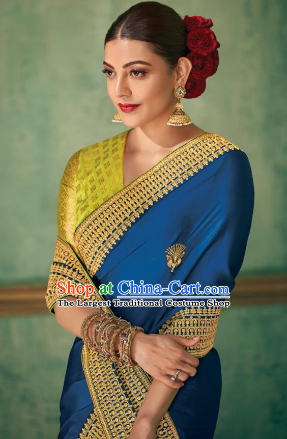 Asian India Bollywood National Dance Deep Blue Silk Saree Asia Indian Traditional Court Princess Blouse and Sari Dress Costumes for Women