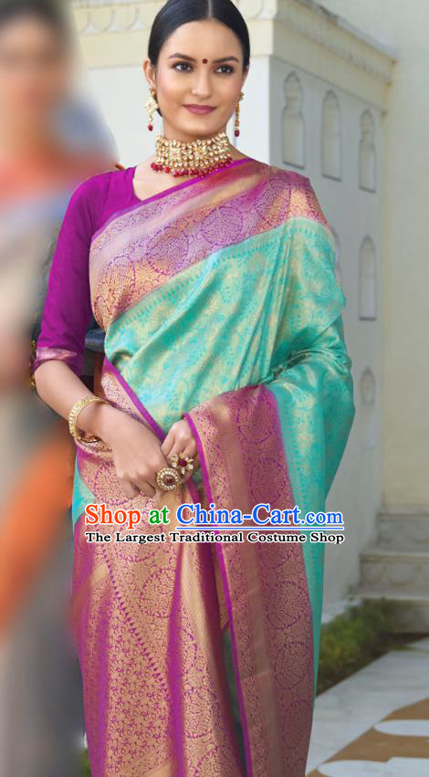 Asian India Bollywood Sea Green Silk Saree Asia Indian Traditional Court Princess Blouse and Sari Dress National Dance Costumes for Women