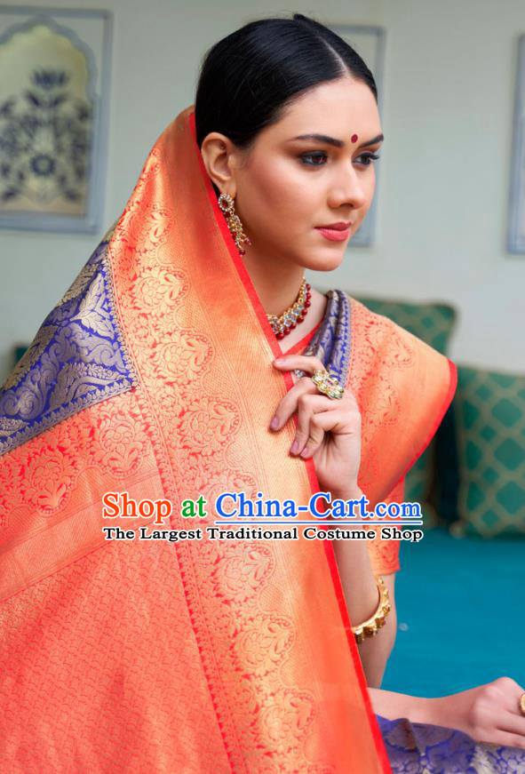 Asian India Bollywood Royalblue Silk Saree Asia Indian Traditional Court Princess Blouse and Sari Dress National Dance Costumes for Women