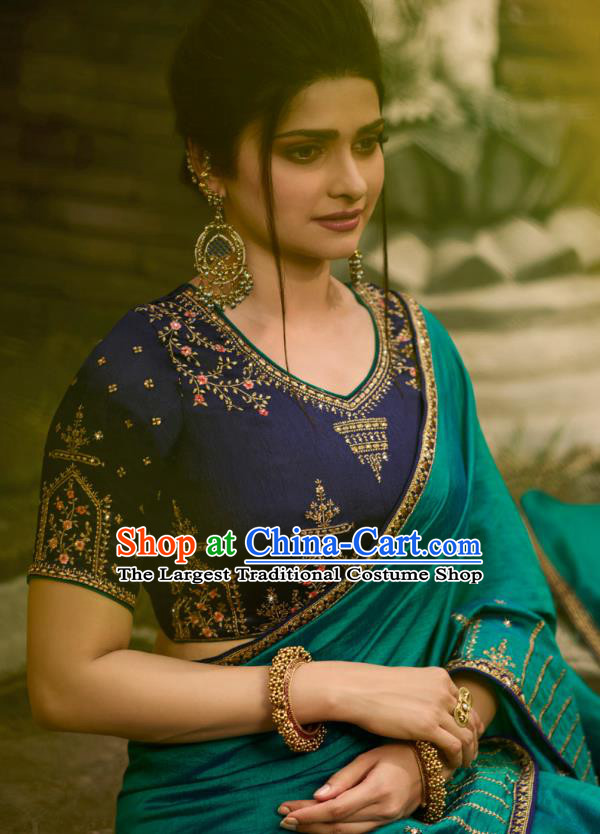 Asian India National Wedding Teal Green Silk Saree Costumes Asia Indian Bride Traditional Blouse and Embroidered Sari Dress for Women