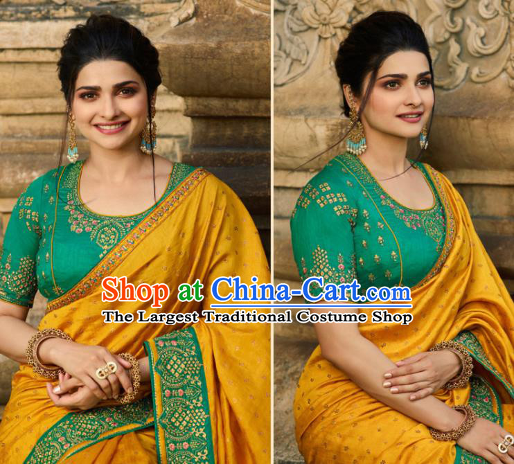 Asian India National Wedding Yellow Silk Saree Costumes Asia Indian Bride Traditional Blouse and Embroidered Sari Dress for Women