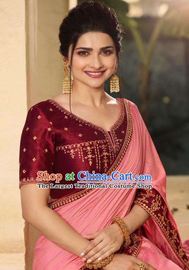 Asian India National Wedding Pink Silk Saree Costumes Asia Indian Bride Traditional Blouse and Embroidered Sari Dress for Women