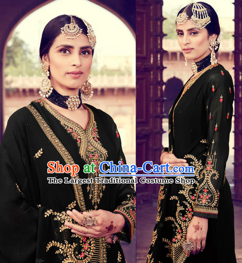 Asian India Traditional Punjab Suits Costumes Asia Indian National Embroidered Black Georgette Long Blouse and Loose Pants Shawl Complete Set