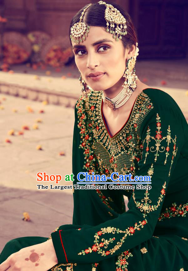 Asian India Traditional Punjab Suits Costumes Asia Indian National Embroidered Deep Green Georgette Long Blouse and Loose Pants Shawl Complete Set
