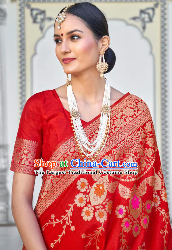 Asian India Festival Bollywood Red Silk Saree Asia Indian National Dance Costumes Traditional Court Princess Blouse and Sari Dress for Women