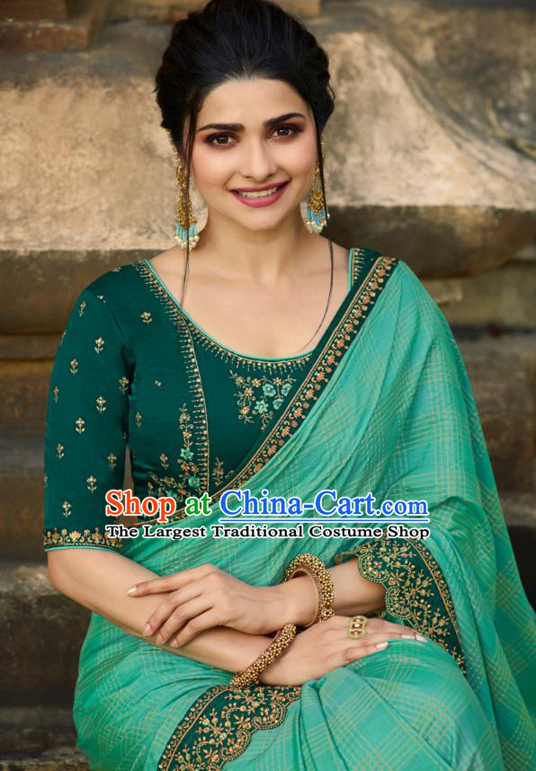 Asian India National Wedding Sea Green Silk Saree Costumes Asia Indian Bride Traditional Blouse and Embroidered Sari Dress for Women