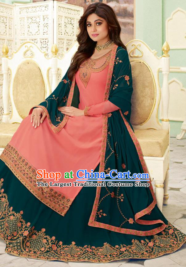 Asian India Traditional Lehenga Costumes Asia Indian National Folk Dance Pink Georgette Sari Dress and Deep Green Skirt Complete Set