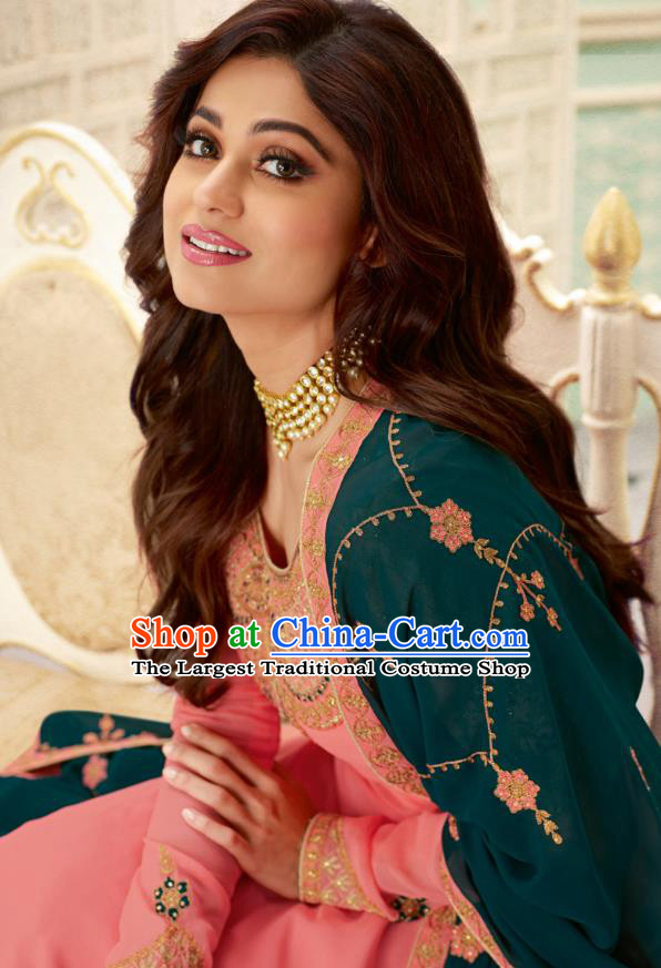 Asian India Traditional Lehenga Costumes Asia Indian National Folk Dance Pink Georgette Sari Dress and Deep Green Skirt Complete Set