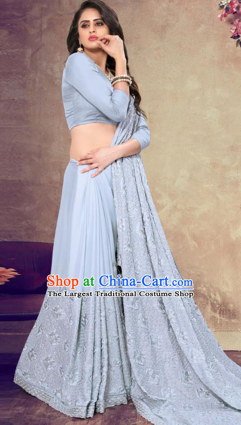 Asian India Festival Bollywood Light Blue Georgette Saree Dress Asia Indian National Dance Costumes Traditional Court Princess Blouse and Sari Full Set