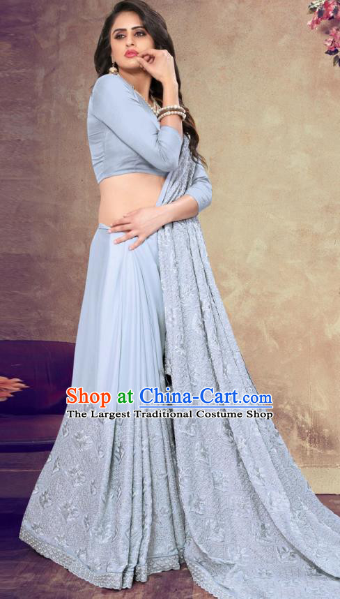 Asian India Festival Bollywood Light Blue Georgette Saree Dress Asia Indian National Dance Costumes Traditional Court Princess Blouse and Sari Full Set