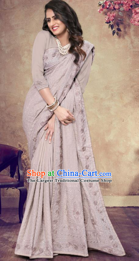 Asian India Festival Bollywood Grey Georgette Saree Dress Asia Indian National Dance Costumes Traditional Court Princess Blouse and Sari Full Set