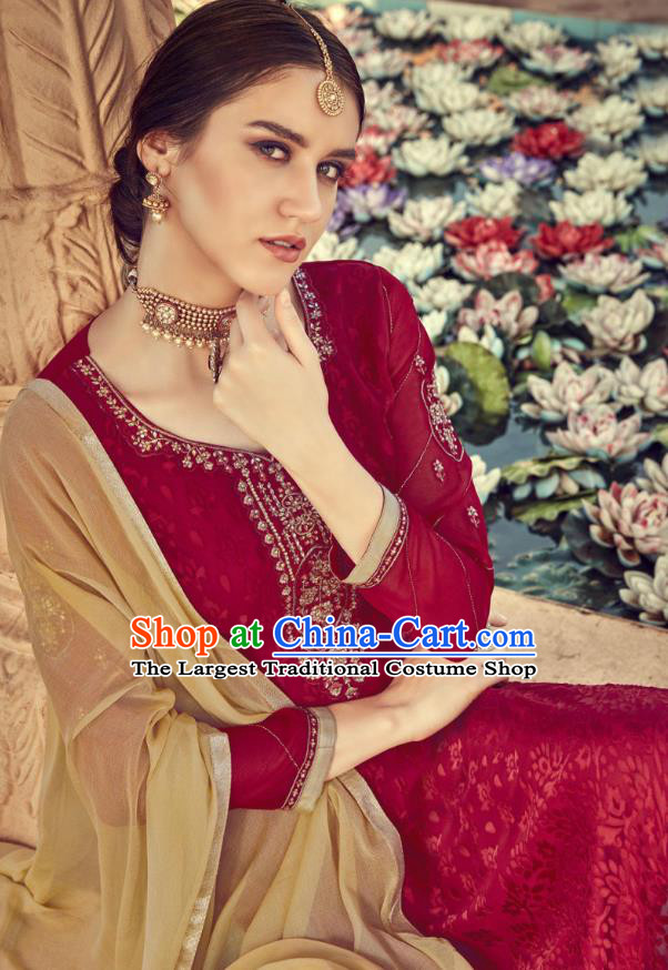 Asian India Traditional Suits Costumes Asia Indian National Folk Dance Magenta Viscose Long Blouse and Loose Pants Shawl Complete Set