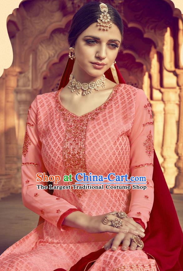 Asian India Traditional Suits Costumes Asia Indian National Folk Dance Pink Viscose Long Blouse and Loose Pants Shawl Complete Set
