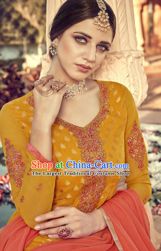 Asian India Traditional Suits Costumes Asia Indian National Folk Dance Orange Viscose Long Blouse and Loose Pants Shawl Complete Set