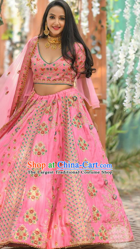Asian India National Wedding Lehenga Costumes Asia Indian Bride Traditional Pink Silk Blouse and Embroidered Skirt Sari for Women