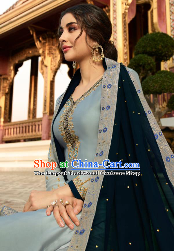 Asian India National Court Punjab Costumes Asia Indian Traditional Embroidered Gray Satin Blouse Sari and Loose Pants for Women