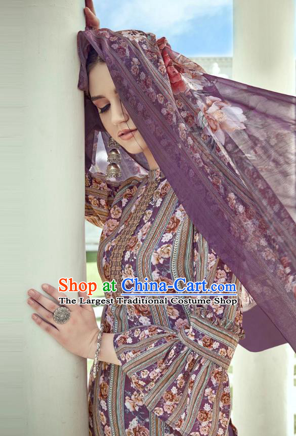 Asian India National Punjab Costumes Asia Indian Traditional Dance Embroidered Purple Muslin Blouse and Loose Pants and Shawl Full Set