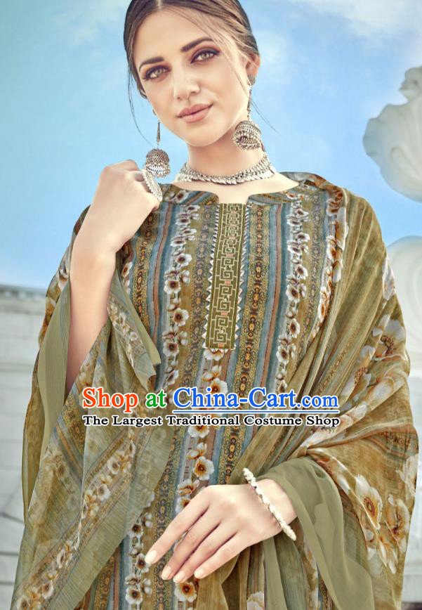 Asian India National Punjab Costumes Asia Indian Traditional Dance Embroidered Khaki Muslin Blouse and Loose Pants and Shawl Full Set