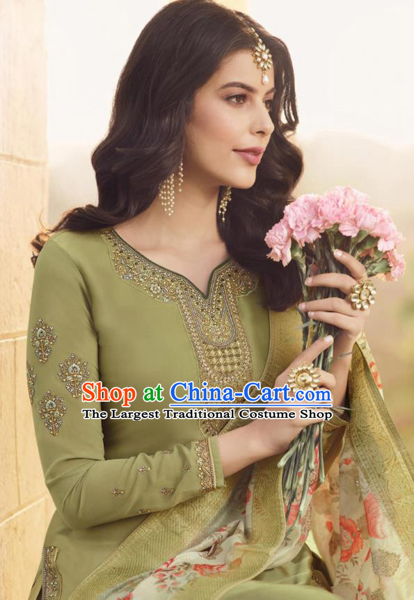Asian India Court Punjab Costumes Asia Indian Traditional National Dance Embroidered Olive Green Satin Blouse and Skirt and Shawl Full Set