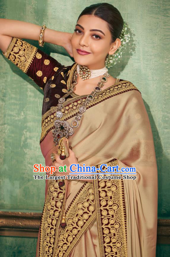Asian India National Dance Apricot Silk Saree Asia Indian Traditional Costumes Court Princess Bollywood Blouse and Sari Dress for Women