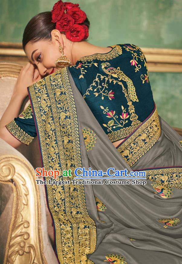 Asian India National Dance Gray Silk Saree Asia Indian Traditional Costumes Court Princess Bollywood Blouse and Sari Dress for Women