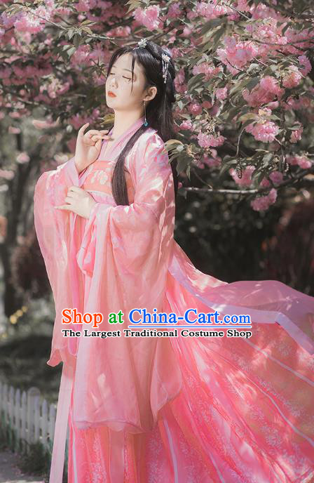 Traditional Chinese Tang Dynasty Princess Costumes Ancient Goddess Pink Hanfu Dress Apparel for Women
