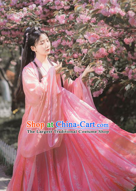 Traditional Chinese Tang Dynasty Princess Costumes Ancient Goddess Pink Hanfu Dress Apparel for Women