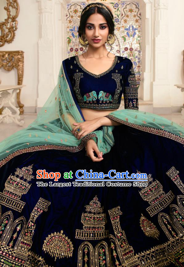 Asian India Wedding Silk Lehenga Costumes Asia Indian Traditional Festival Bride Embroidered Navy Blouse and Skirt and Sari Complete Set
