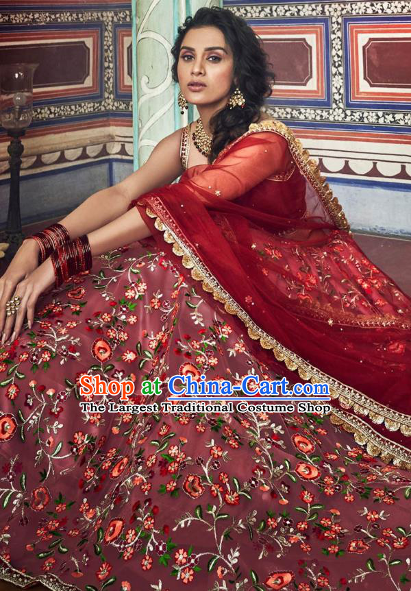 Top Asian India Wedding Lehenga Costumes Asia Indian Traditional Bride Embroidered Carmine Blouse and Skirt and Sari Full Set
