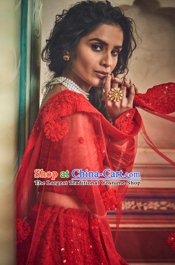 Top Asian India Wedding Lehenga Costumes Asia Indian Traditional Bride Embroidered Red Blouse and Skirt and Sari Full Set