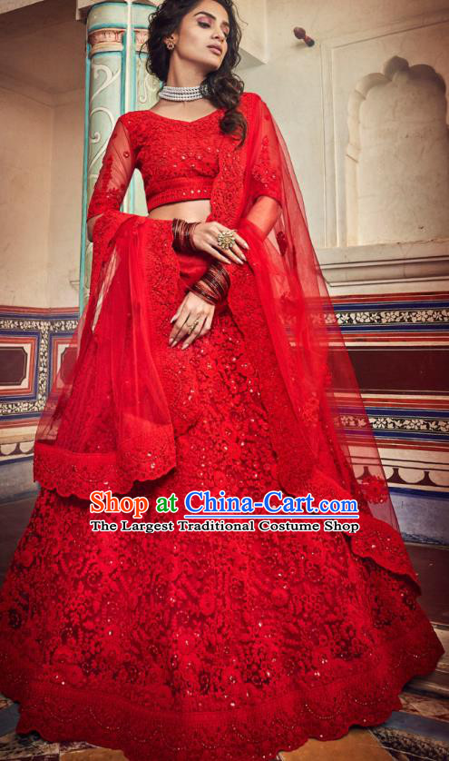 Top Asian India Wedding Lehenga Costumes Asia Indian Traditional Bride Embroidered Red Blouse and Skirt and Sari Full Set