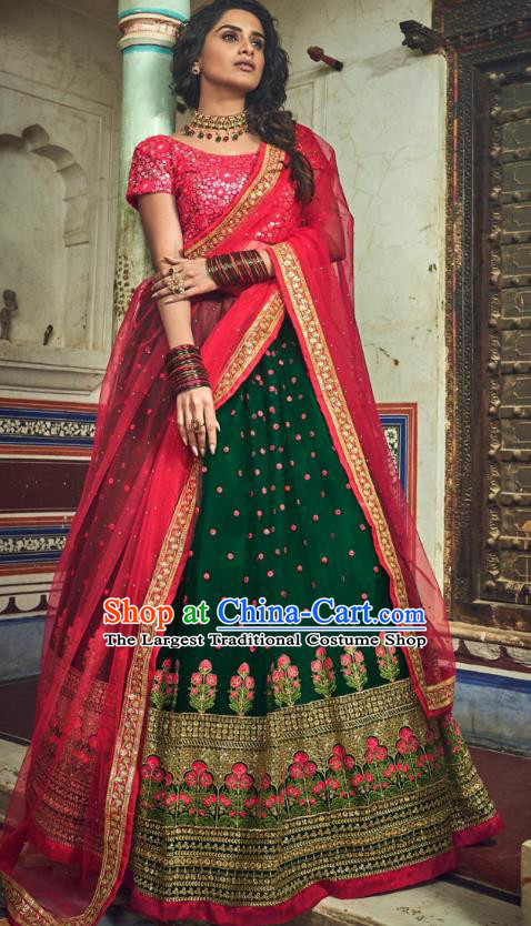 Top Asian India Wedding Lehenga Costumes Asia Indian Traditional Bride Embroidered Red Blouse and Green Skirt and Sari Full Set