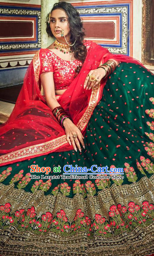 Top Asian India Wedding Lehenga Costumes Asia Indian Traditional Bride Embroidered Red Blouse and Green Skirt and Sari Full Set